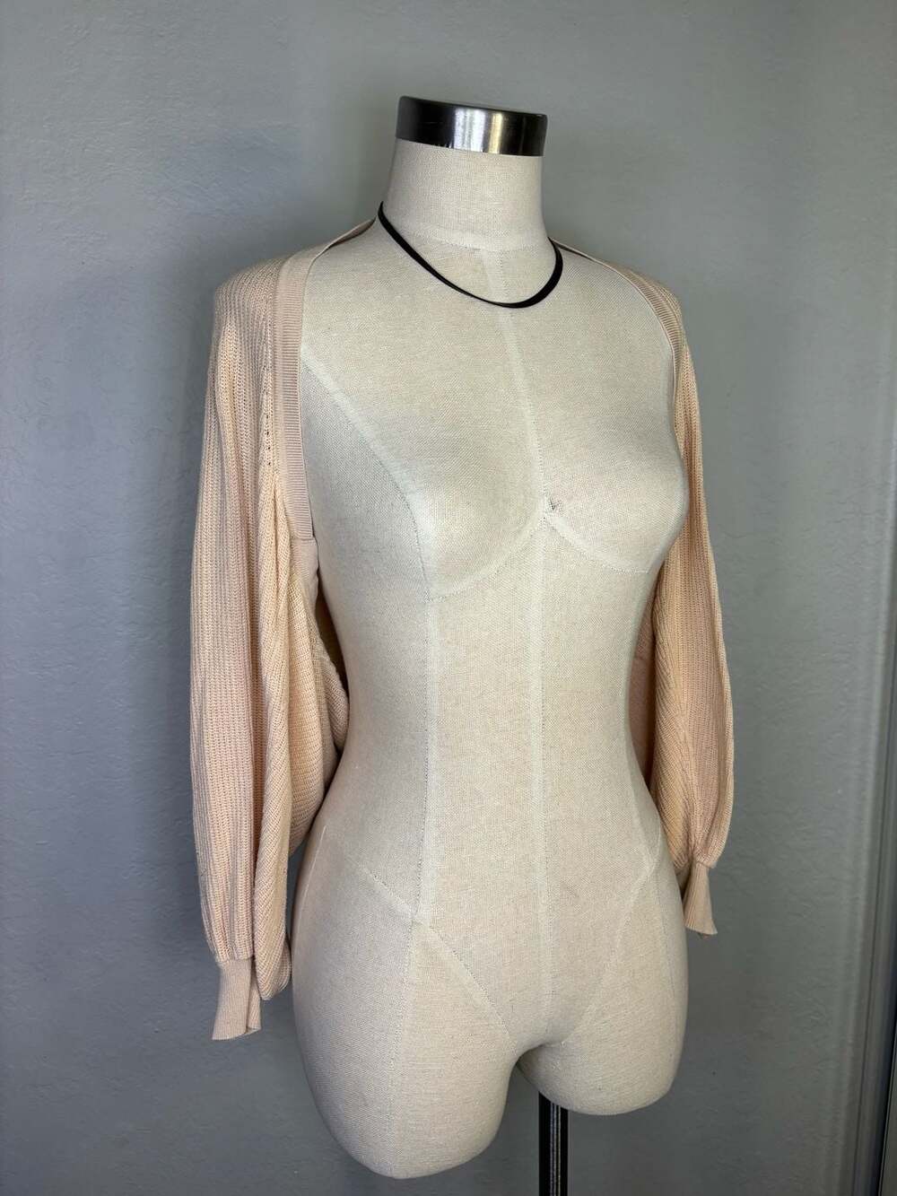 Peach Pink Crop Cardigan Sweater Open Front Balloon Long Sleeves